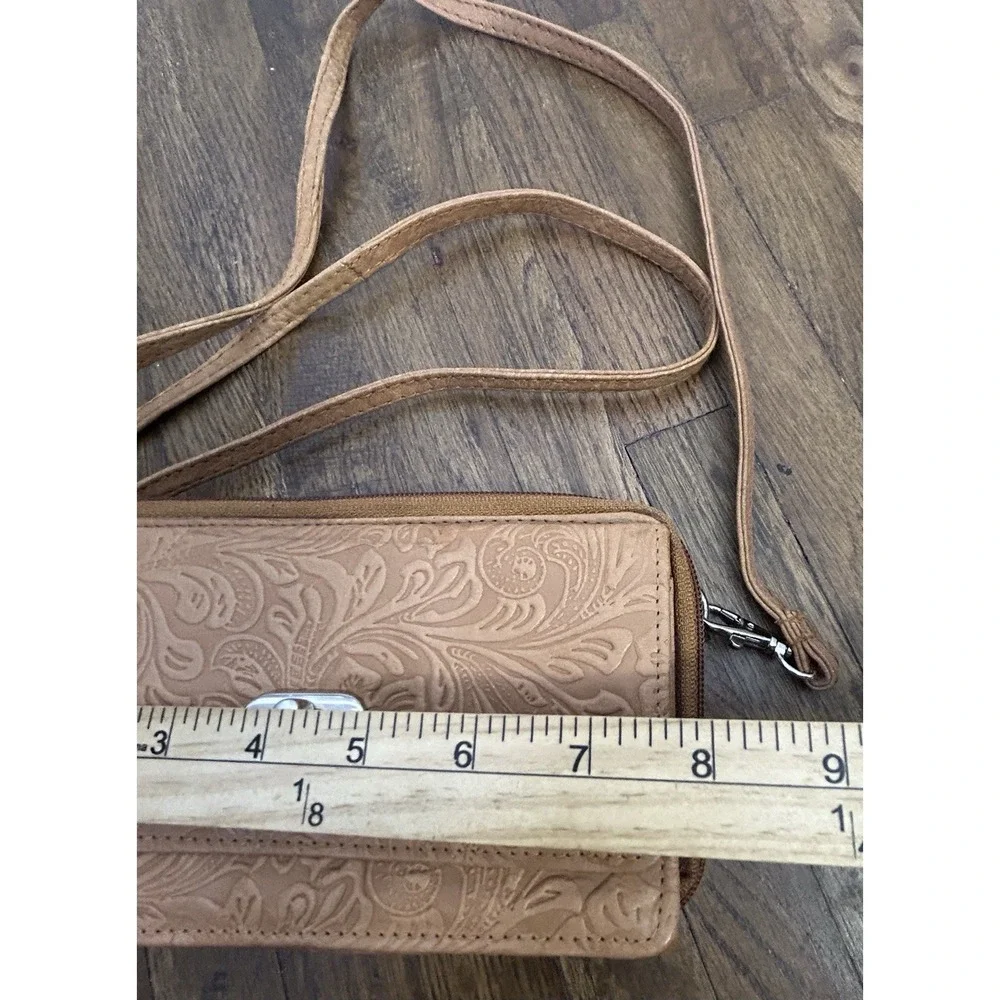 Bueno of California Embossed Floral Wallet on a String Crossbody Bag Tan